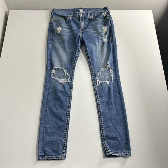 True Religion Men 36x34 Rocco No Flap Big T Relaxed Skinny Jeans Distressed ￼‎ - Picture 1 of 12